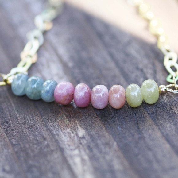 Natural Rainbow Sapphire Necklace 14k Yellow Gold Vermeil , September Birthstone - Picture 2 of 4